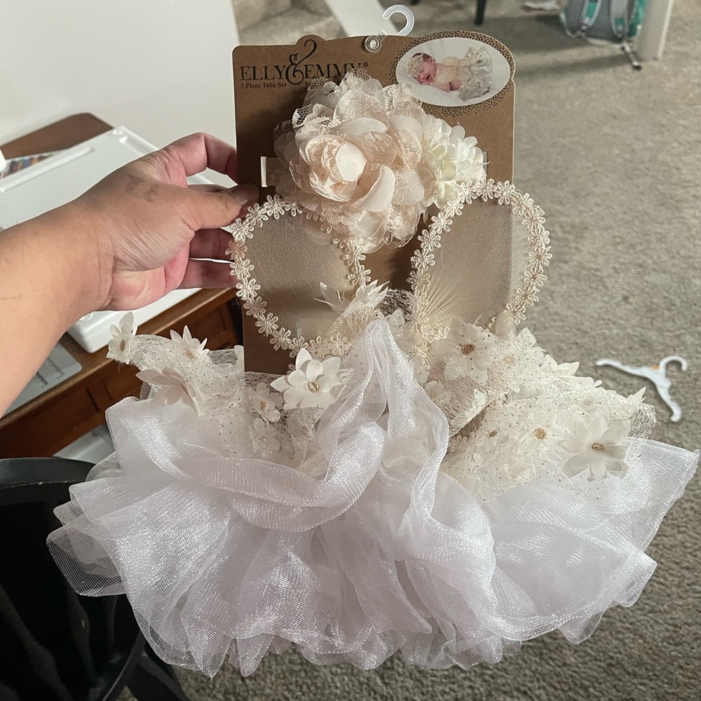 Three piece fairy tutu, flower, and fairy wings set